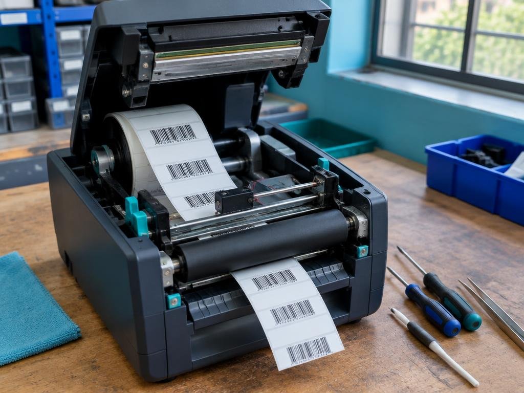 Opened barcode label printer with label roll, print head and platen roller on a repair workbench
