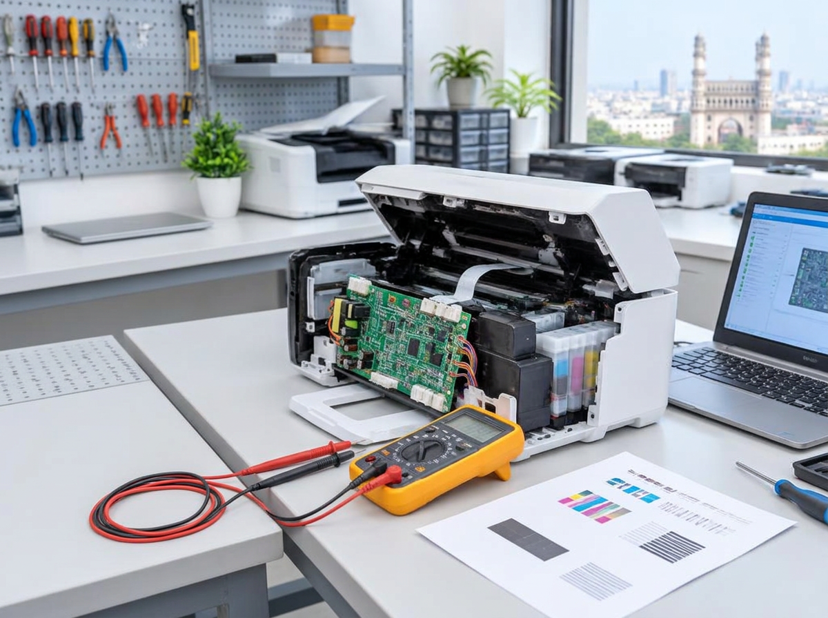Exposed printer circuit board, multimeter, laptop and print test sheet