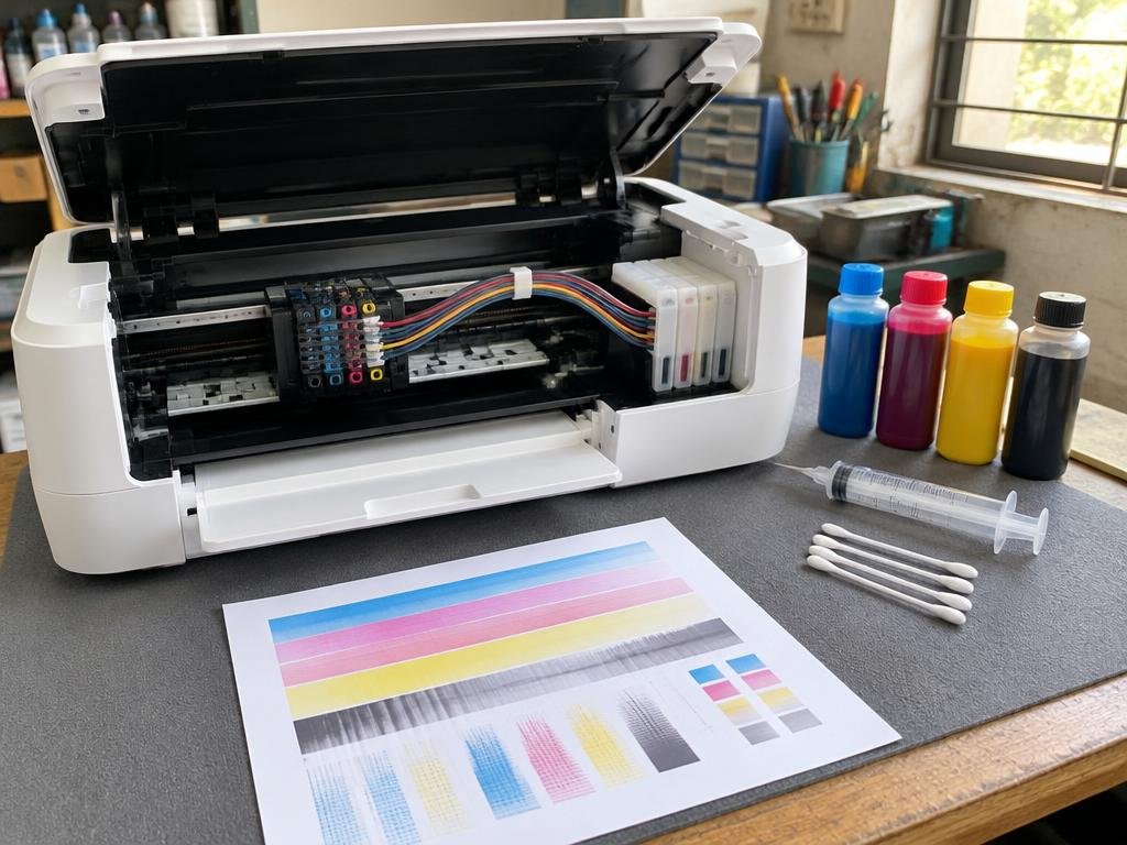 Opened inkjet printer with exposed print head and ink tubes beside cyan, magenta, yellow and black ink bottles