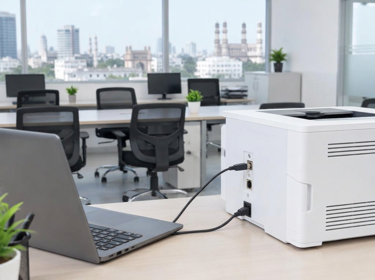 Office printer connected to a laptop with a USB cable