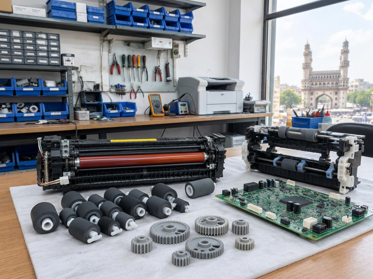 Printer rollers, gears, fuser assemblies and circuit board at an Indian repair workshop
