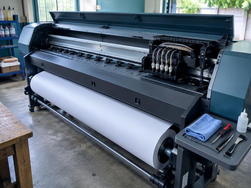 Large-format plotter with cover open showing print head carriage, ink tubes and loaded paper roll