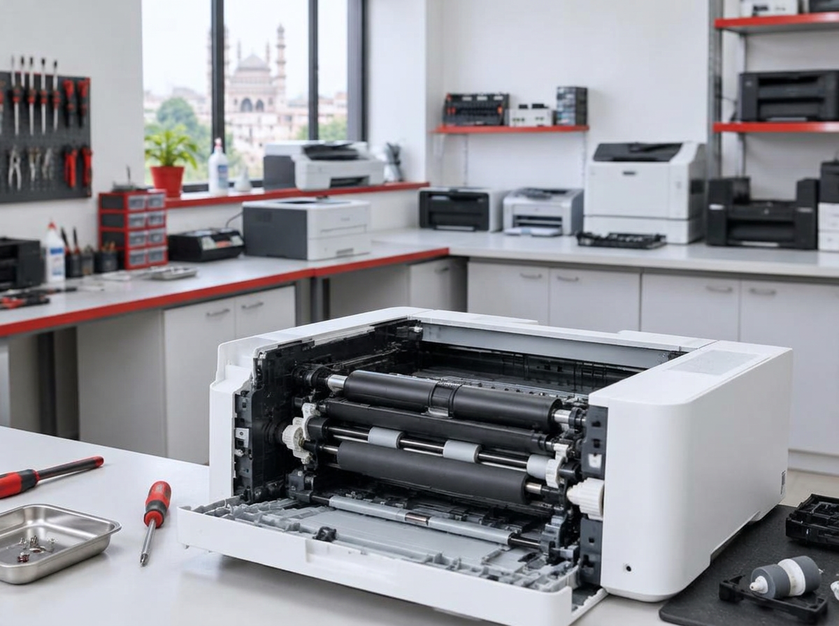 Opened laser printer and repair tools at an Indian workshop