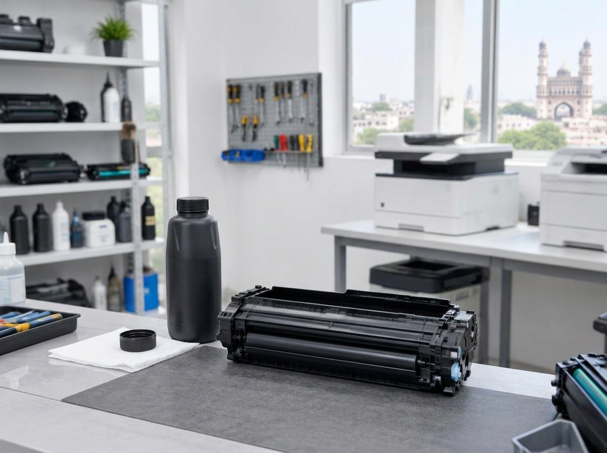 Opened laser toner cartridge and toner refill bottle on a workbench