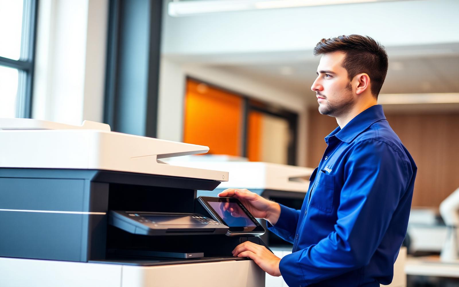 SS Printer Services technician servicing a modern office multifunction printer