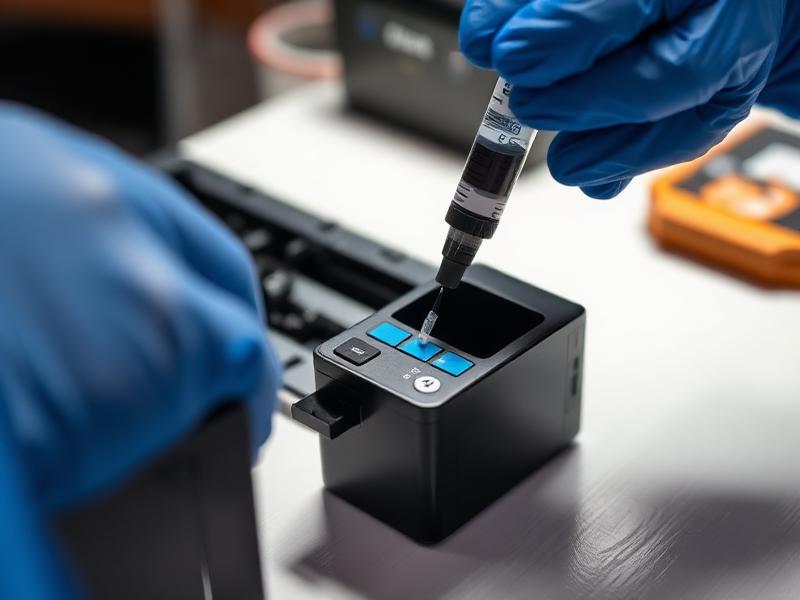 Technician refilling an ink cartridge with a syringe