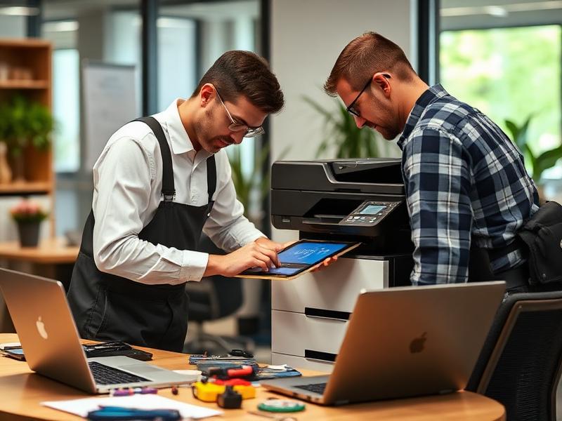Technician repairing a printer at a customer office