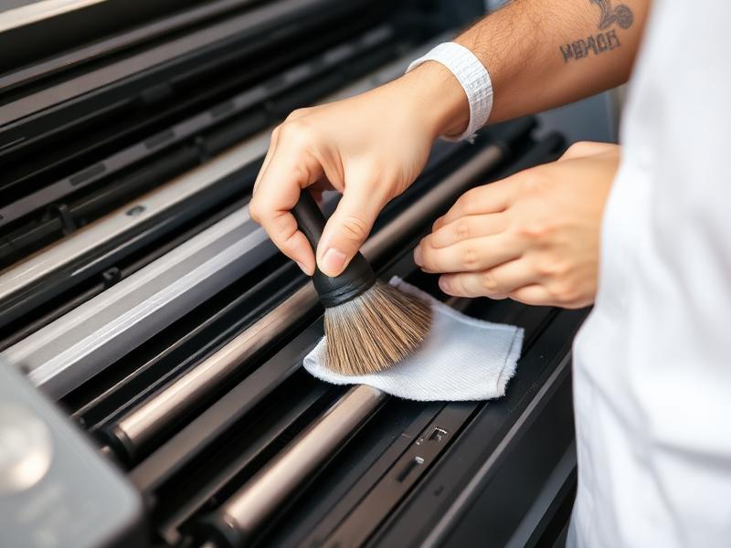 Technician cleaning printer rollers with a brush