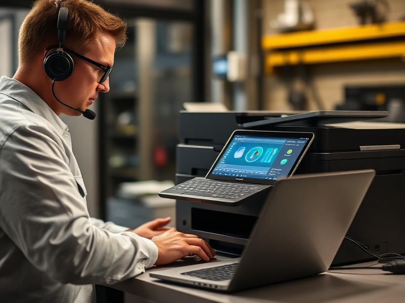 Technician performing printer diagnostics on a laptop