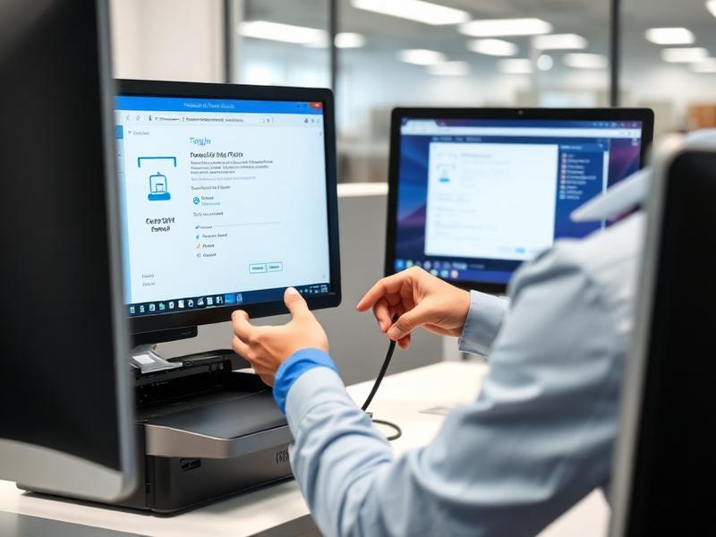 Technician installing a printer on a desktop computer