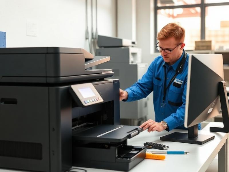 Technician repairing a desktop office printer